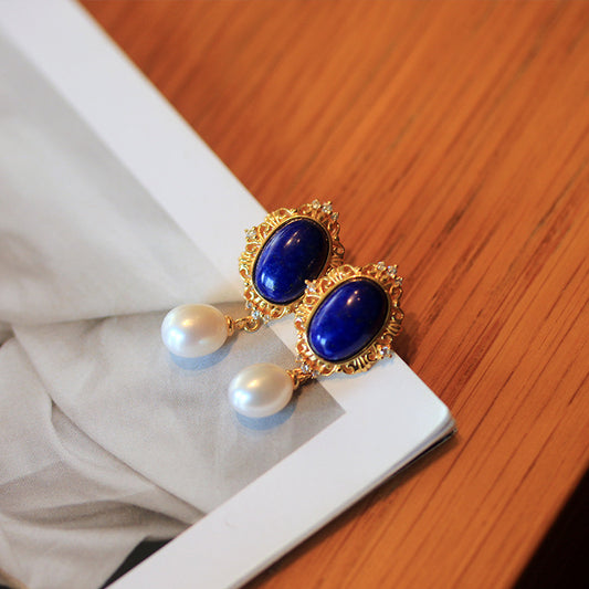 Natural lapis lazuli earrings with freshwater pearl earrings