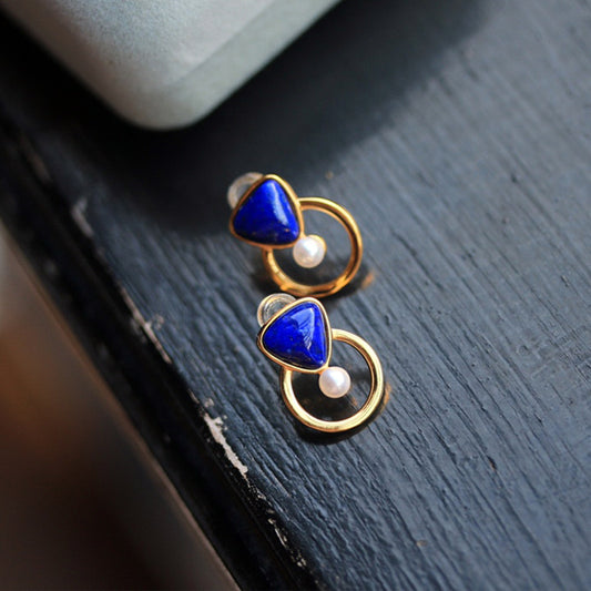 Natural lapis lazuli with pearl stud earrings