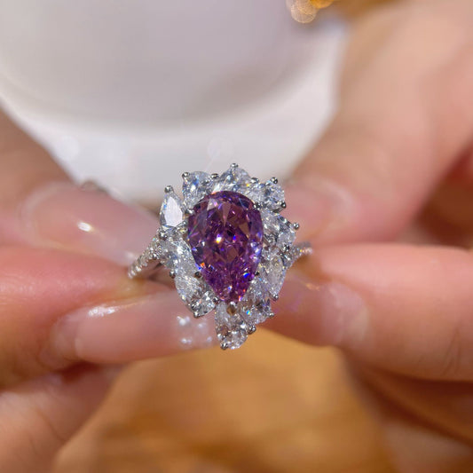 Pink purple water drop pear shape bright simulation diamond ring