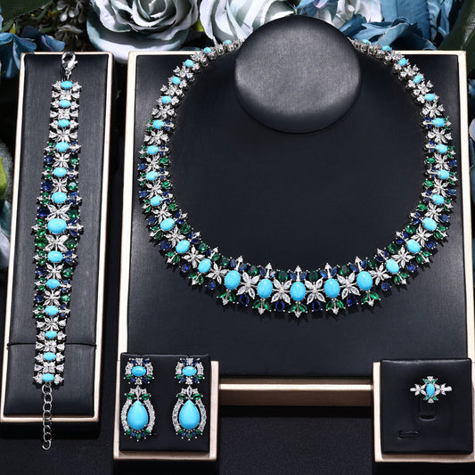 Luxury ladies wedding party Colorful zircon necklace earrings Ring jewelry set