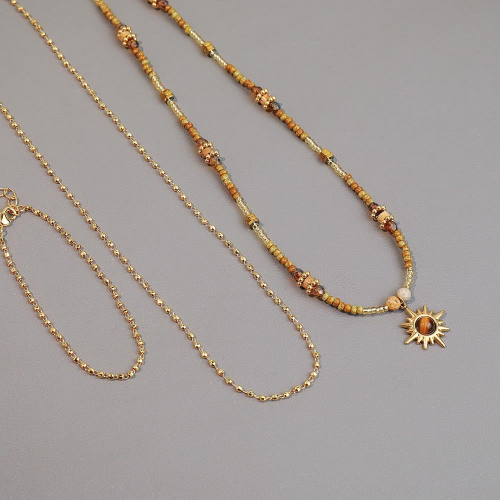Vintage Tiger's Eye Stone Set (Rice Bead necklace/Copper necklace/Bronze bracelet)