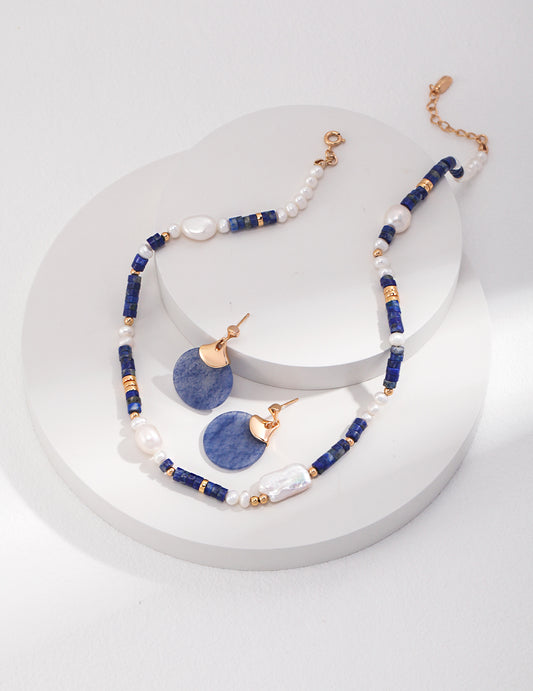 Sterling silver lapis Lazuli pearl necklace earrings set